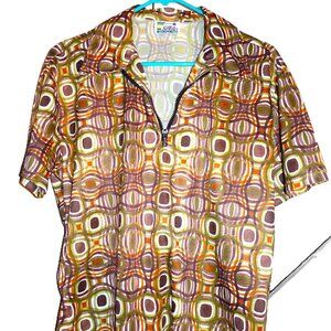 Vintage Think Safety Brown Nylon Abstract Shirt M